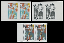 United States - Modern Errors and Varieties - 1994, World Soccer Championships, 40c multicolored, two sheet margin horizontal imperforate pairs, one with omitted black color and another one has omitted all colors except black, …