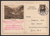 1938 (Sept 22) Czech postcard mailed to ASCH at destination from EGER. Red eagle of liberation. Occupation of Sudetenland, Germany