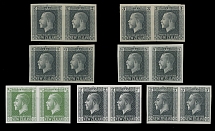 British Commonwealth - New Zealand - 1915-19, King George V, seven horizontal pairs of imperforate plate proofs, including engraved printing of 2p, 3p, 6p and 8p, all are in black; and ½p green, 2p and 3p in black, all typo …