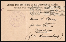 1914 (3 Nov) International Committee of the Red Cross, International Prisoners of War Agency, World War I Military Postcard from Geneva (Switzerland) to Rodange (Luxembourg)