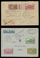 Worldwide Air Post Stamps and Postal History - French Colonies - Reunion - 1937-47, four Pioneer Flight covers, including ''Roland Garros'' stamp on FFC from St. Dennis to Paris, three stamps franking on cover from St. Pierre to …