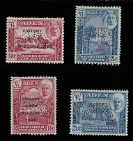 British Commonwealth - Aden Protectorate States - 1946, Victory issue of Kathiri and Qu'aiti States, black or red overprints ''Victory issue. 8th June 1946'' on 1½a carmine and 2½a deep blue, two sets with perfin ''Specimen'', …