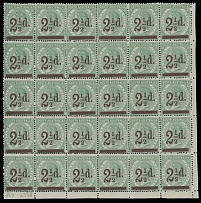British Commonwealth - Australian State - South Australia - 1893, Queen Victoria, brown surcharge ''2½d'' on 4p green, perforation 15, watermark Crown SA, bottom right corner margin block of 30 (6x5), left stamp of the second row …