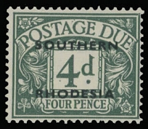 British Commonwealth - Southern Rhodesia - Postage Due stamps - 1951, black overprint ''Southern Rhodesia'' on postage due stamp of GB 4p dull gray green, full OG, fine and scarce, C.v. $275, SG #D6, £300, Scott #J5a…