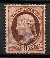 1879 10c Jefferson, United States, USA (Scott 187, Brown, Magenta Cancellation, CV $40)