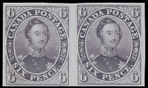 Canada - Pence issue - 1857, Prince Albert, imperforate trial color proof of 6p in red purple, horizontal pair with nice margins, printed on India paper, no gum as produced, VF, Unitrade #2TCi, C.v. $650++, Scott #2…