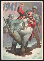 1941 (26 Jun) 'German Wehrmacht Soldiers Attack John Bull', WWII Anti-British Fascist Nazi Propaganda, John Bull Caricature, Illustrator Gino Boccasile, Military Post Postcard from Viterbo to Larino franked with 20c