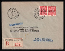1945 (24 Mar) Saint-Nazaire, German Occupation of France, Germany, Registered Cover from Piriac-sur-Mer to La Baule franked with 30c (Mi. 558)
