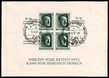 1937 Third Reich, Germany, Souvenir Sheet (Mi. Bl. 9, Special Cancellation HAMBURG, CV $120)