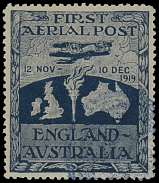 Worldwide Pioneer Flights - Australia - 1919, First Aerial Post England-Australia, the so-called Ross-Smith vignette in dark blue, watermark Crown over A, bold color and
