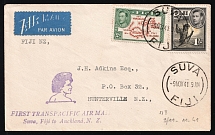 1941 Fiji, British colonies, First Transpacific Flight, Censored Airmail Cover, Suva (Fiji) - Noumea (New Caledonia) - Long Beach (USA), franked by Mi. 94, 98, 100