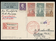 Worldwide Air Post Stamps and Postal History - Denmark - Zeppelin Flights - 1936 (May 25-28), Airship ''Hindenburg'' 2nd SAF (5th SAF of Zeppelin and Hindenburg in 1936) registered postcard to Chile, franked by four stamps, …