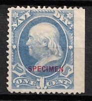 1875 1c Franklin, Special Printing 'Specimen' on Official Mail Stamp 'Navy', United States, USA (Scott O35S, Ultramarine, Carmine Overprint, CV $40)