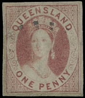British Commonwealth - Australian State - Queensland - 1860, Queen Victoria, 1p carmine rose, imperforate single with Large Star watermark, full four side margins, a part of large dotted cancellation, F/VF, C.v. $775, SG #1, …