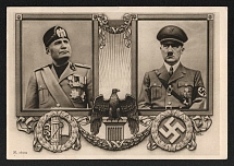 1938 'Fuehrer and Duce' Italy, Propaganda Postcard, Third Reich Nazi Germany franked with Italian stamps