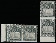 British Commonwealth - Saint Helena - 1923, King George V and Seal of the Colony, ½p black and gray, horizontal and vertical sheet margin pairs, first one has Broken Mainmast (left stamp), second one has Torn Flag (top stamp) …