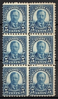 1925 5c Roosevelt, Regular Issue, United States, USA, Block of Six (Scott 557, Plate Number '19088', CV $250, MNH/MLH)