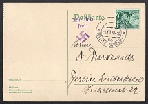 1938 (Dec 4) Postcard addressed from TEPLITZ-SCHONAU to BERLIN. Mutilated stamp and late use of the local liberation Postmark, Occupation of Sudetenland, Germany