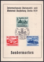 1939 (17 Feb) International Automobile and Motorbike Exhibition in Berlin, Third Reich, Germany, FDC Souvenir Sheet franked with full set of Mi. 686 - 688 (CV $90)