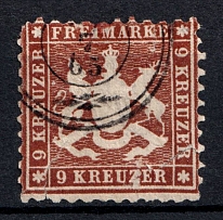 1863 9kr Wurttemberg, German States, Germany (Mi. 28, Canceled, CV $80)