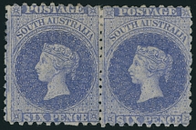 British Commonwealth - Australian State - South Australia - 1870, Queen Victoria, 6p Prussian blue, perforation 10x11½, horizontal pair, strong color and perfect centering, large part of OG, previously hinged, VF and scarce in …