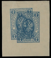 Imperial Russia - Postal Stationery items - 1889-90, proof of pre-printed stamp for stationery envelope of 7k in blue, double impression on watermarked paper (similar to used for the issue), size 34x40mm, no gum as produced, VF …