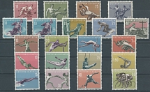 Liechtenstein - 1954-58, Sports issues, 5 complete sets of four values, in addition Slalom 10c (No.289) with ''Ciechtenstein'' variety, all with full OG, NH, VF, SBK #266/312, 278 I, C.v. CHF440, Scott #277/323…
