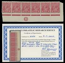 British Commonwealth - Australia - 1914, King George V, 1p carmine red, comb perforation 14¼x14, watermark Wide Crown Narrow A, bottom right corner sheet margin horizontal strip of six from pane 7, CA imprint at the bottom edge, …