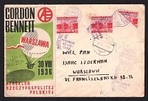 1936 (30 Aug) Poland, Balloon Airmail cover to Warsaw with the special postmark, stamp, and vignette, franked with half of Mi #313