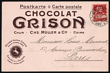 1918 (18 March) 'Chocolate Grison', Avertising Postcard from Chur (Switzerland) to Paris (France) franked 10c