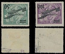 Worldwide Air Post Stamps and Postal History - Czechoslovakia - 1922, inverted black Airplane surcharges 50h on 100h and 100h on 200h, large part of OG, VF, both are properly expertized, C.v. $300, Scott #C7a, C8a…