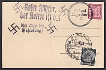 1938 (Oct 6) Postcard, portrait of Hitler, with postmark MAGDEBURG. Occupation of Sudetenland, Germany