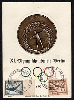 1936 (16 Aug) RARE Olympiad 'Olympic Games in Berlin' with Medal, Propaganda Postcard, Third Reich Nazi Germany (Olympic Commemorative Cancellations)