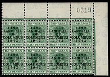 British Commonwealth - Bahamas - 1942, 450th Anniversary of the Landing of Columbus in America, black overprint on ½p bluish green, top right corner sheet margin plate No.0319 block of eight, third stamp at the top row with the …