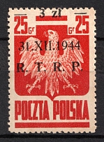 1944-45 3zl on 25gr Republic of Poland (Fi. 346, SHIFTED Overprint Upwards, CV $30)