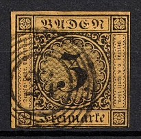 1851 3kr Baden, German States, Germany (Mi. 2 a, Canceled, CV $60)