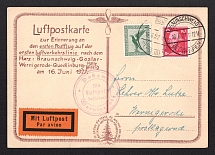 1927 (16 Jun) Germany, Airmail postcard from Braunschweig to Wernigerode, flight Braunschweig - Goslar - Wernigerode - Quedlinburg - Leipzig