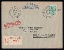 1945 (4 Apr) Saint-Nazaire, German Occupation of France, Germany, Registered Cover from Guerande to Batz-sur-Mer franked with 50c (Mi. 560)