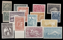 Armenia - 1921, First Constantinople issue, complete set of 15 imperforate plate proofs in issued colors, printed on glossy paper (proofs of 15,000r and 25,000r brown are not existing), no gum as produced, NH, VF and scarce, Est. …
