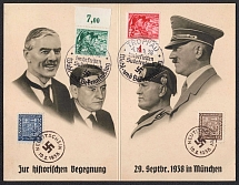 1938 (Dec 4) Double postcard with effigies of the signatories of the MUNICH Agreements Stamps of NEUTITSCHEIN of October 10 and TROPPAU, Occupation of Sudetenland, Germany