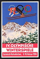 1936 (6 - 16 Feb) Olympiad 'Winter Olympic Games in Garmisch-Partenkirchen', Propaganda Postcard, Third Reich Nazi Germany (Olympic Commemorative Cancellations)