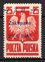1945 3zl on 25gr Republic of Poland (Fi. 357, 'Zakopane', SHIFTED Overprint to One Side, MNH)