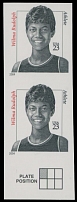 United States - Modern Errors and Varieties - 2004, Wilma Rudolph, 23c red and black, self-adhesive stamp in bottom sheet margin vertical pair, ''Plate Position'' imprint on selvage, die cutting omitted, backing paper intact, VF, …