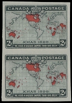 Canada - Imperial Penny Postage - 1898, Map of the British Empire, 2c black, lavender and carmine, vertical imperforate pair, enlarged margins, no gum as issued, NH, VF, C.v. $450, Unitrade C.v. CAD$700, Scott #85a…