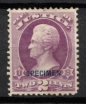 1875 2c Jackson, Special Printing 'Specimen' on Official Mail Stamp 'Justice', United States, USA (Scott O26S, Purple, Blue Overprint, CV $60)