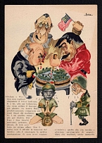 1944 'Allies', Italy, WWII Anti-Allies Propaganda, Roosevelt Churchill Stalin Caricatures, Postcard (Stuttgart, Fascist Republican Party Signet)
