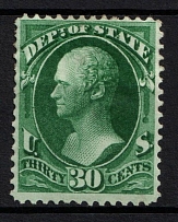 1873 30c Hamilton, Official Mail Stamp 'State', United States, USA (Scott O66, Dark Green, Signed, CV $260)