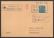 1938 (Oct 20) Card with Czech stamp overcharged locally at SHAIBA (Okrouhla). Addressed to HOMBOK. Temporary postmark without date. 'Sudetenland / back in the Reich!' Occupation of Sudetenland, Germany