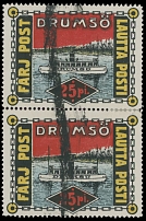 Finland - Ship Mail - 1914, Drumso, Ferry Post, 25p blue, yellow, red and black, perforation 11½, vertical pair with black crayon cancel, perf reinforcement, fresh, VF and rare pair, Lape #29, Est. $250-$300…