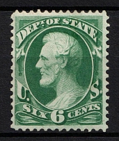 1873 6c Lincoln, Official Mail Stamp 'State', United States, USA (Scott O60, Dark Green, CV $250)